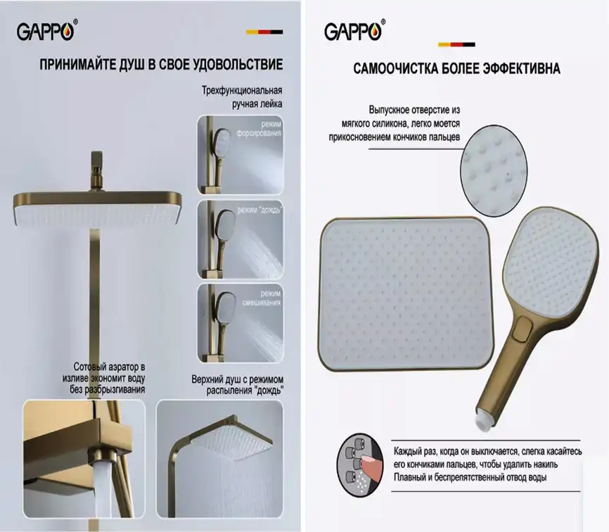 Душевая система Gappo G2417-3  с поворотным изливом, Золото матовое фото 3