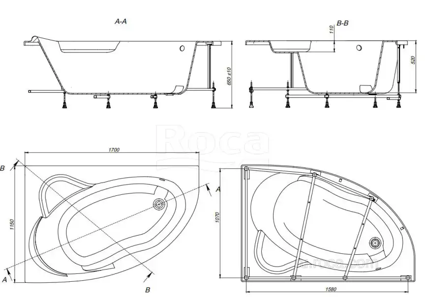Акриловая ванна Roca Luna 170х115 248640000 левая, Белая фото 9