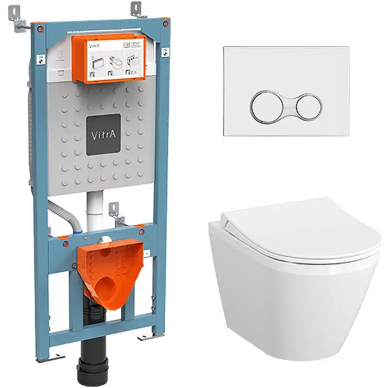 Комплект унитаза с инсталляцией Vitra Integra Round Rim-Ex 9856B003-7205 с сиденьем Микролифт и клавишей смыва Хром глянцевый фото 1