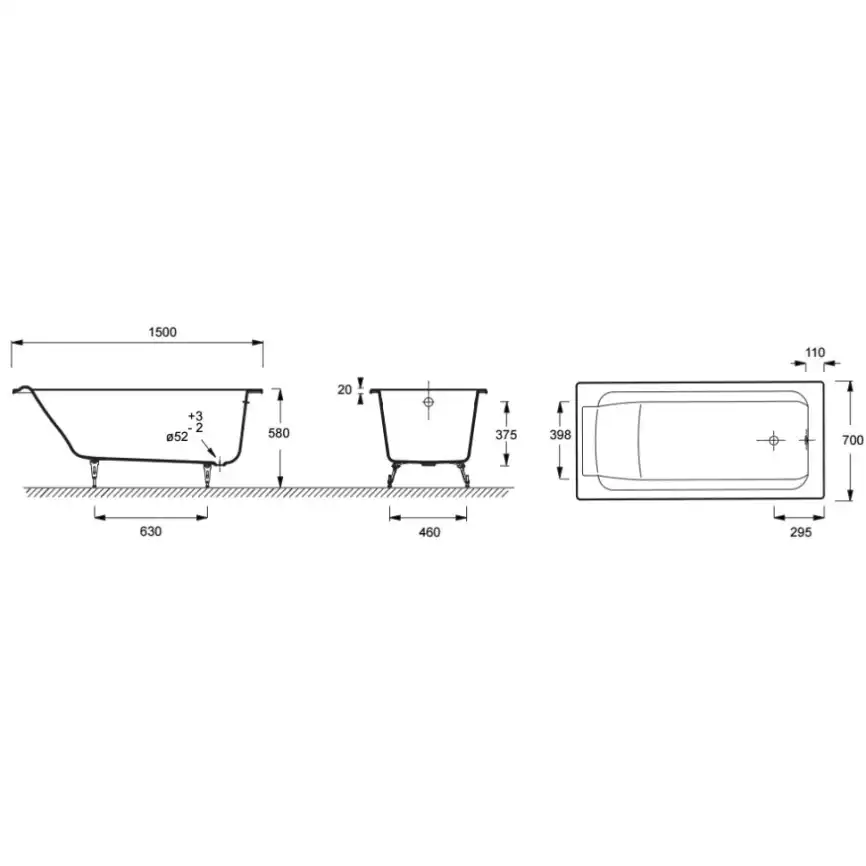 Чугунная ванна Jacob Delafon Parallel 150x70 E2946-00 с антискользящим покрытием, Белая фото 3