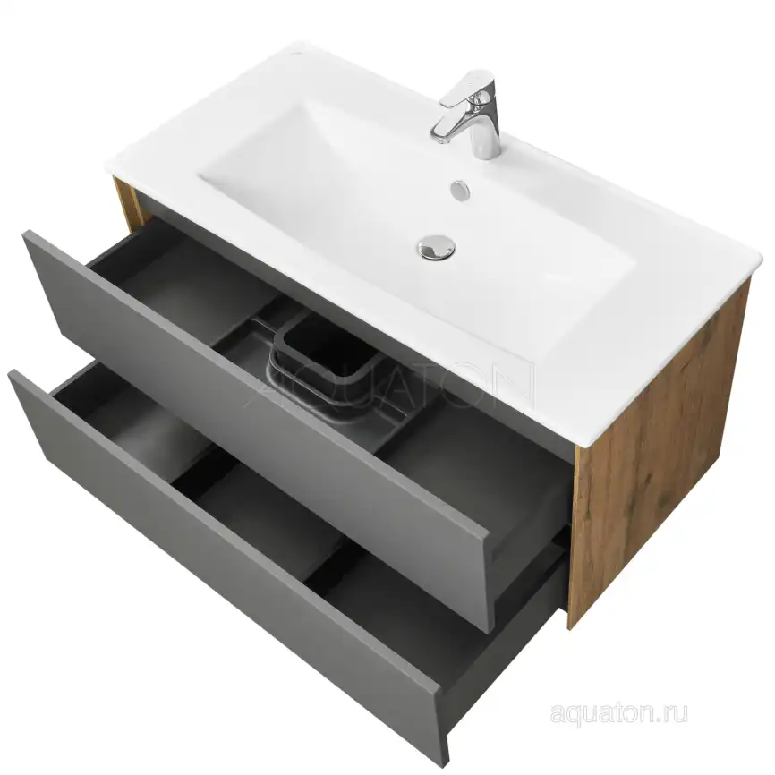 Тумба под раковину Aquaton Сохо 100 1A258201AJA00 подвесная цвет, дуб веллингтон / графит софт фото 4