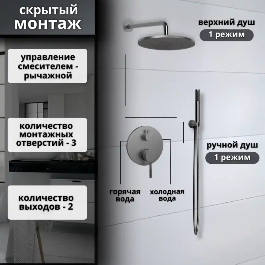 Встраиваемая душевая система AVS SLIMMER 811-121-GM, оружейная сталь фото 14