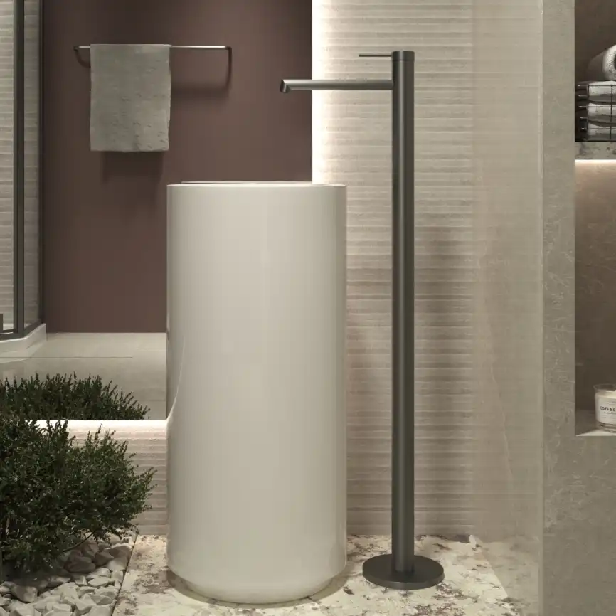 Смеситель для раковины Vincea напольный Rim VFBF-2R1GM, однорычажный, вороненая сталь фото 1