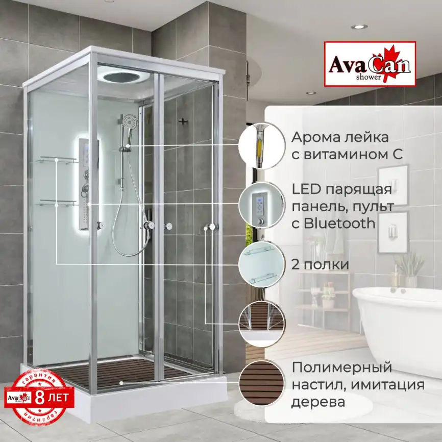 Душевая кабина AvaCan V2090LED 90x90 см, низкий поддон, с крышей фото 2