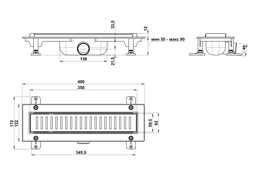 Душевой лоток Good Door 350  с решеткой под плитку, сухой затвор) ТЛ00043, Черный матовый фото 3