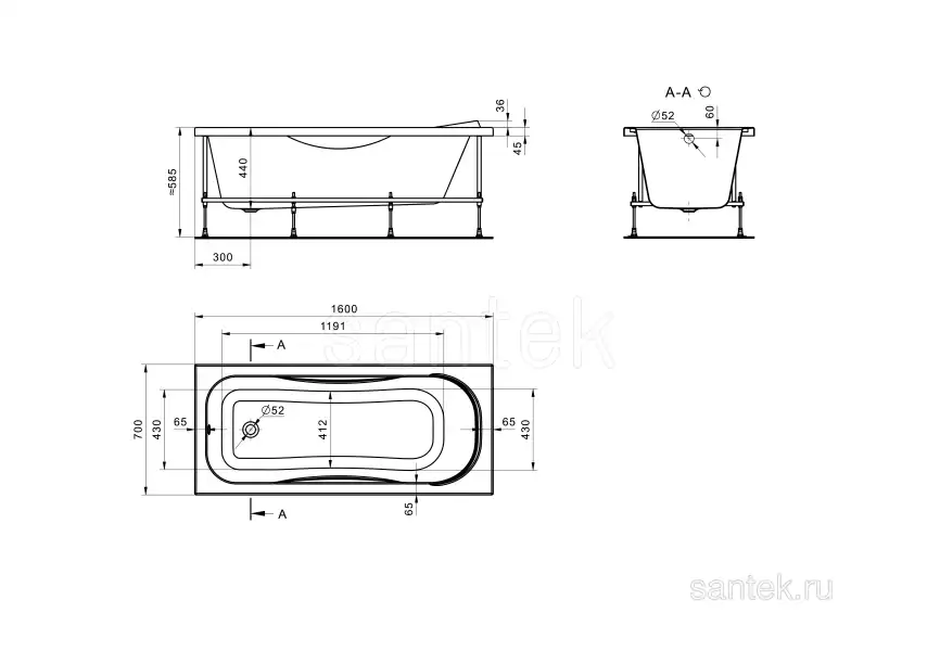Акриловая ванна Santek Тенерифе 160х70 1WH302357 прямоугольная, Белая фото 5