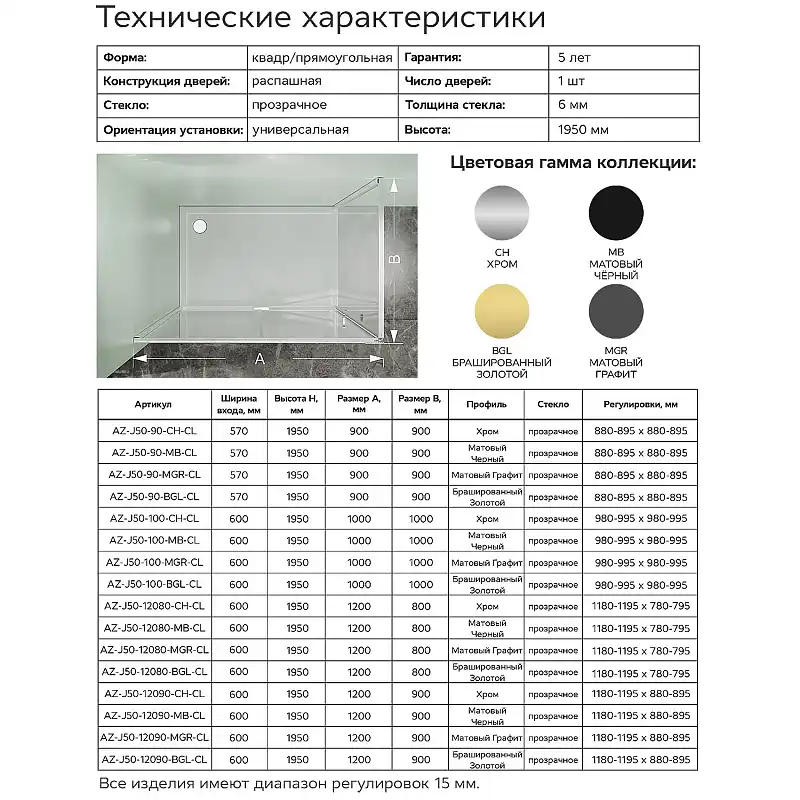 Душевой уголок Azario MALE SQR-90х90х195-CH-CL, прозрачное стекло 6 мм, профиль хром, AZ-J50-90-CH-CL фото 8