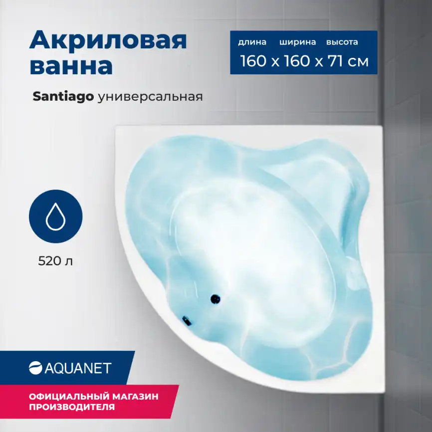 Акриловая ванна Aquanet Santiago 160х160 (205545), на каркасе, белая фото 1