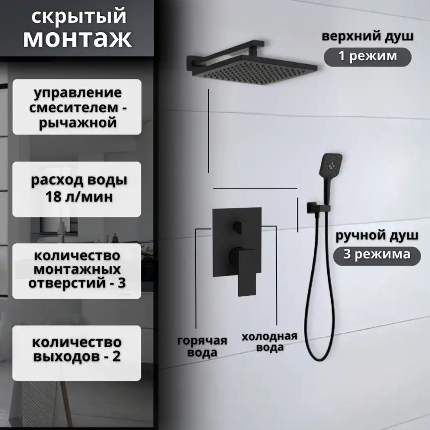 Встраиваемая душевая система AVS CUBE 811-221-MB, черный матовый фото 15