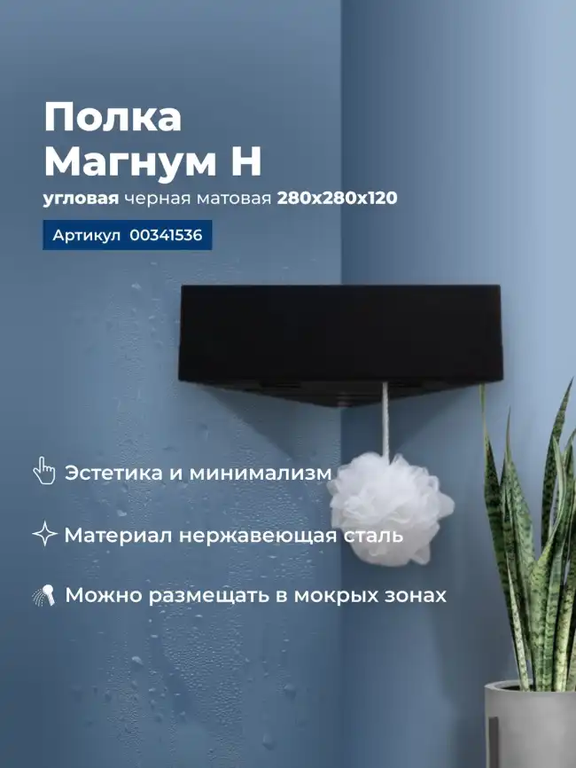 Полка Aquanet Магнум Н 28x28 черная матовая, угловая, 341536 фото 1
