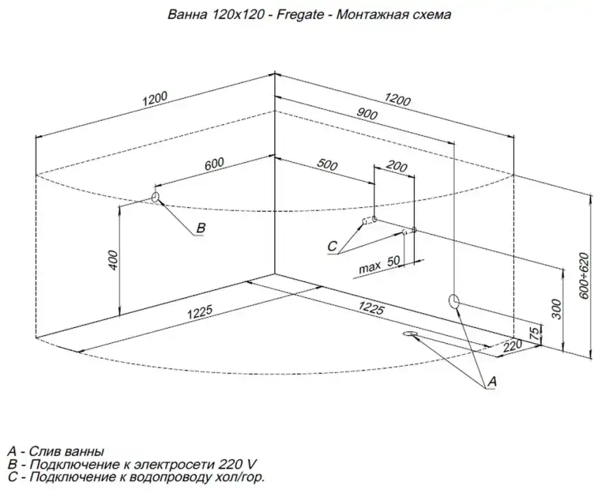 Акриловая ванна Aquanet Fregate 120x120, 205488 фото 3
