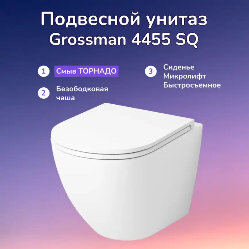 Подвесной унитаз Grossman GR-4455SQ безободковый, смыв торнадо, Белый глянцевый фото 1