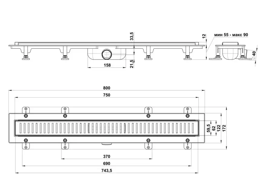 Душевой лоток Good Door 750  с перфорированной решеткой, комбинированный затвор ТЛ00005, Серый / серебристый фото 3