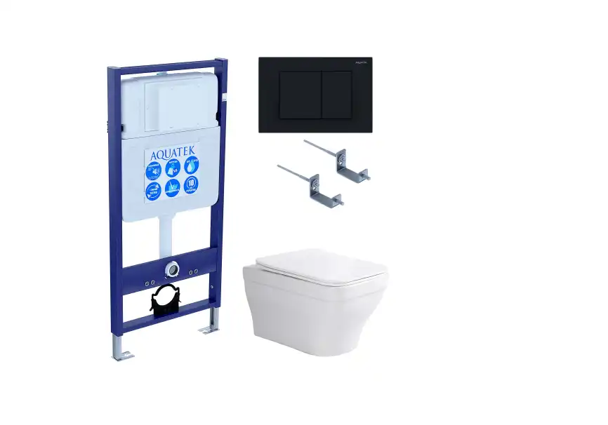 Унитаз с инсталляцией SET AQUATEK АМАДЕО-012 4в1 с сиденьем микролифт и Черной матовой клавишей смыва фото 1