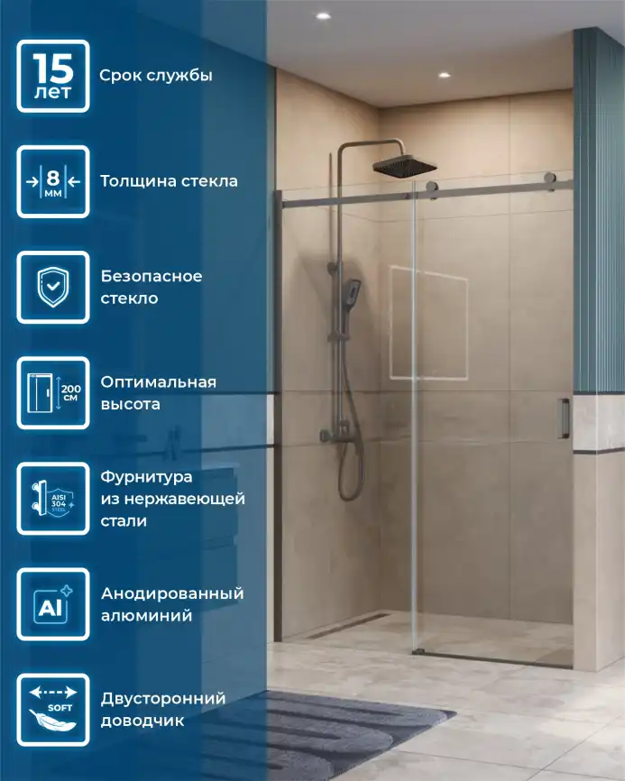 Душевая дверь BelBagno SOFT_CLOSE-2-BF-1-150-C-GM стекло прозрачное, профиль Оружейная сталь фото 10