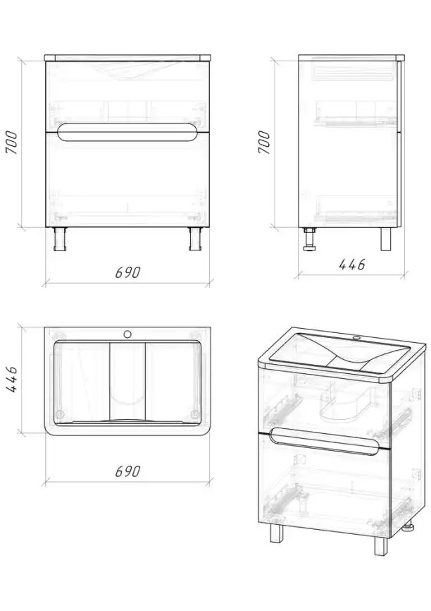 Тумба под раковину Grossman Адель-Норма 70 напольная, белая глянцевая (107018) фото 6