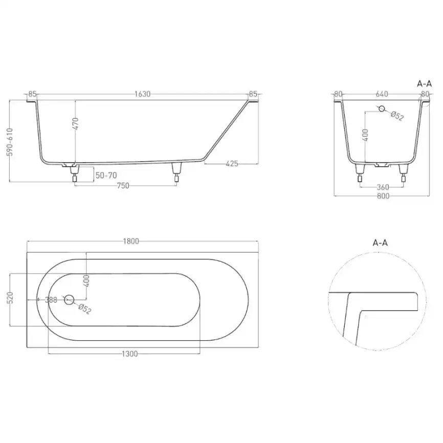 Ванна Salini ORNELLA 180х80 102312G из материала S-Sense, Белая глянцевая фото 7