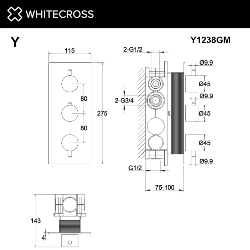 Смеситель для душа Whitecross Y gunmetal скрытого монтажа термостатический Оружейная сталь, Y1238GM фото 3