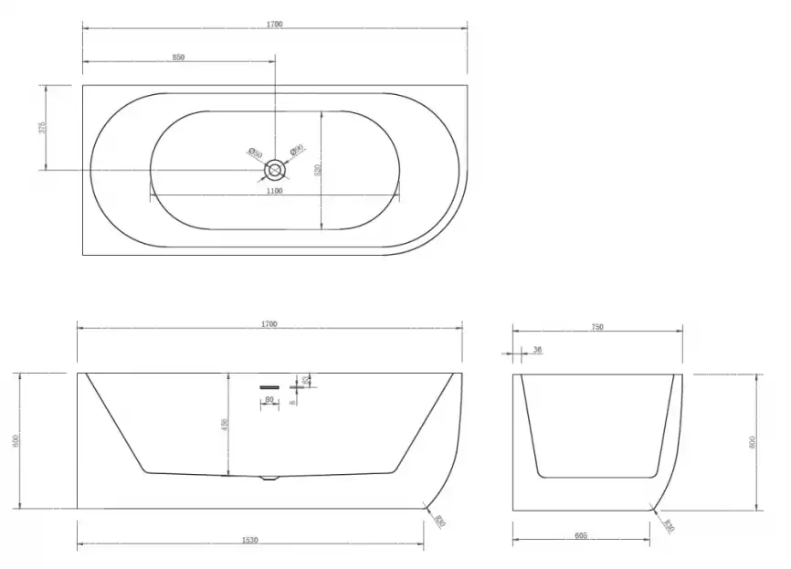 Акриловая ванна Abber 170х75 AB9315 L, отдельностоящая, Белая глянцевая фото 5
