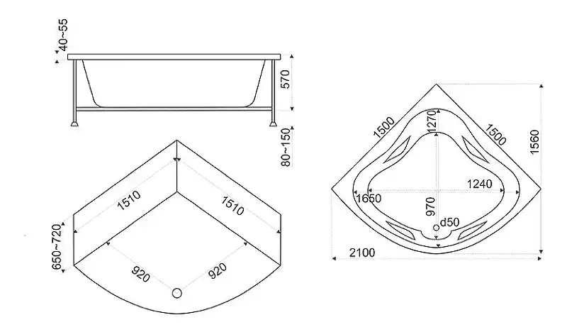 Акриловая ванна Bas Империал 150x150 без гидромассажа фото 4