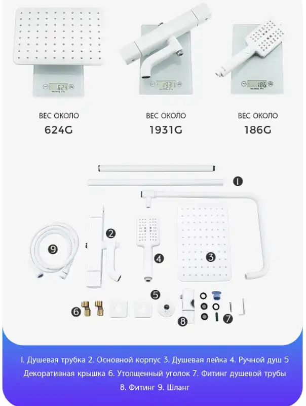 Душевая система Gappo G2491-8 с тропическим душем и термостатом, Белый / Хром фото 7