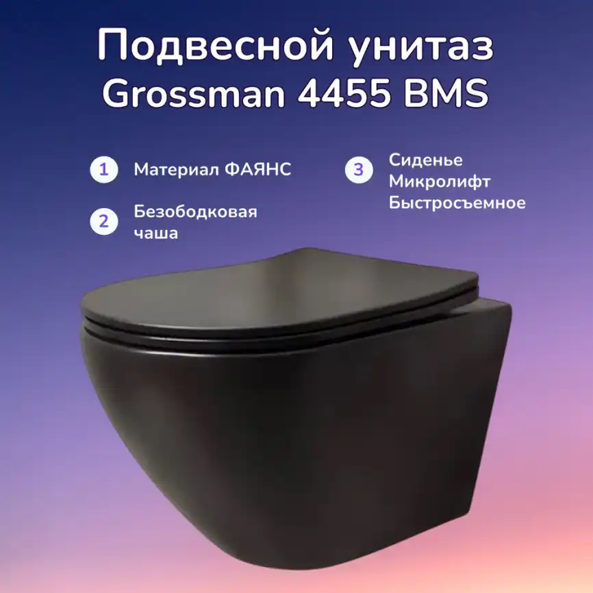 Подвесной унитаз Grossman GR-4455BMS безободковый, Черный матовый фото 1