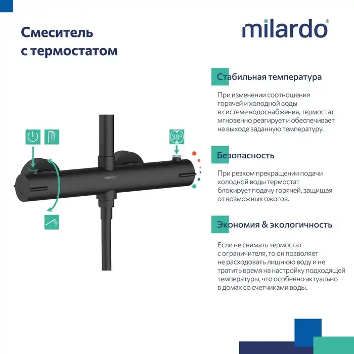 Душевая система для душа Milardo Ideal Spa ILSBLTHM89 с термостатом цвет, Черный матовый фото 8