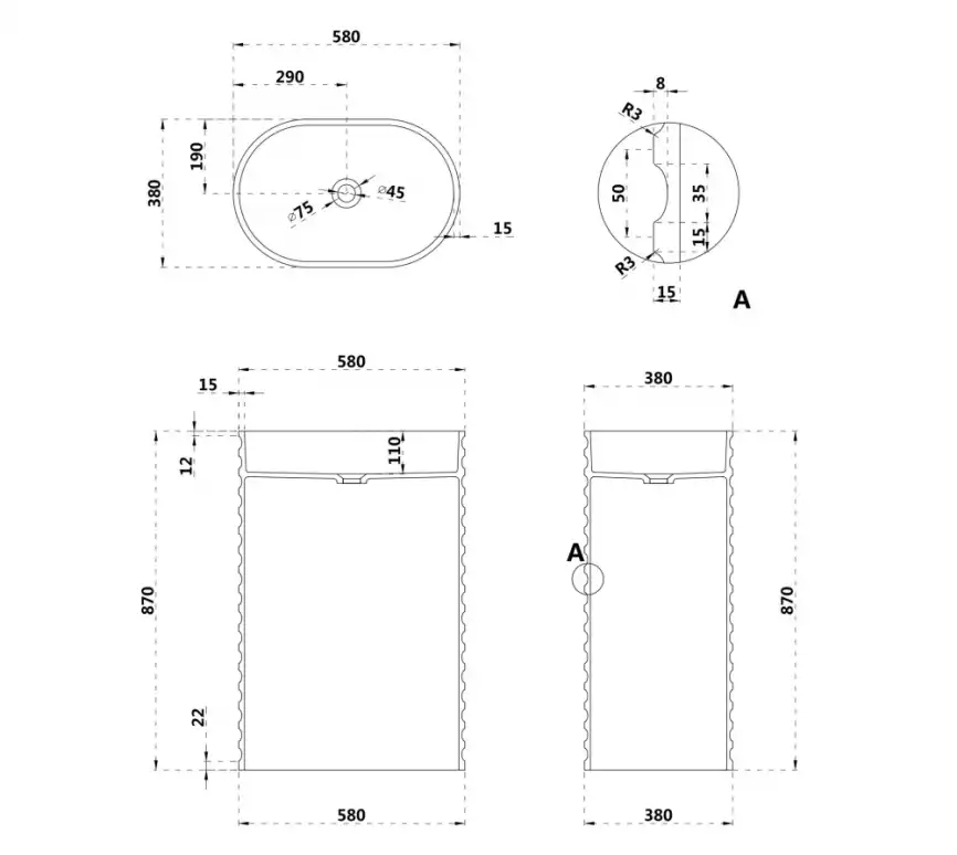 Раковина напольная ABBER STEIN 58х38х87 AS2550, овальная, белая матовая фото 4