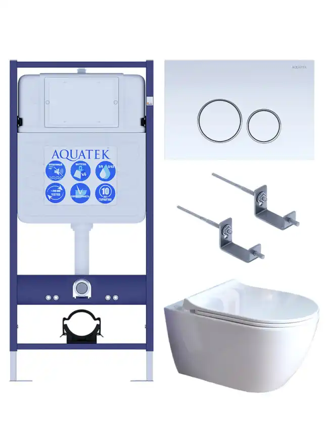 Унитаз с инсталляцией SET AQUATEK ПОЛАРИС-01-013 4в1 с тонким сиденьем микролифт и белой клавишей смыва фото 1