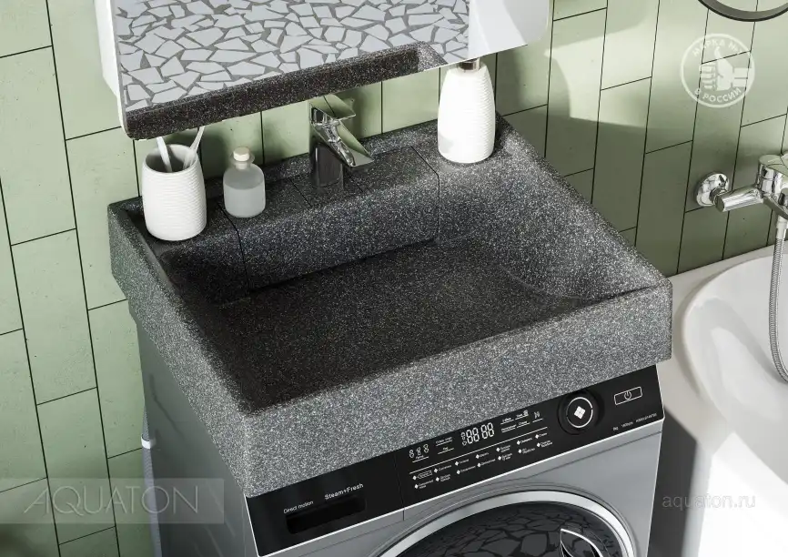 Раковина Aquaton Рейн 60х50 1A72103KRW210  над стиральной машиной, из литьевого мрамора, Графит фото 5