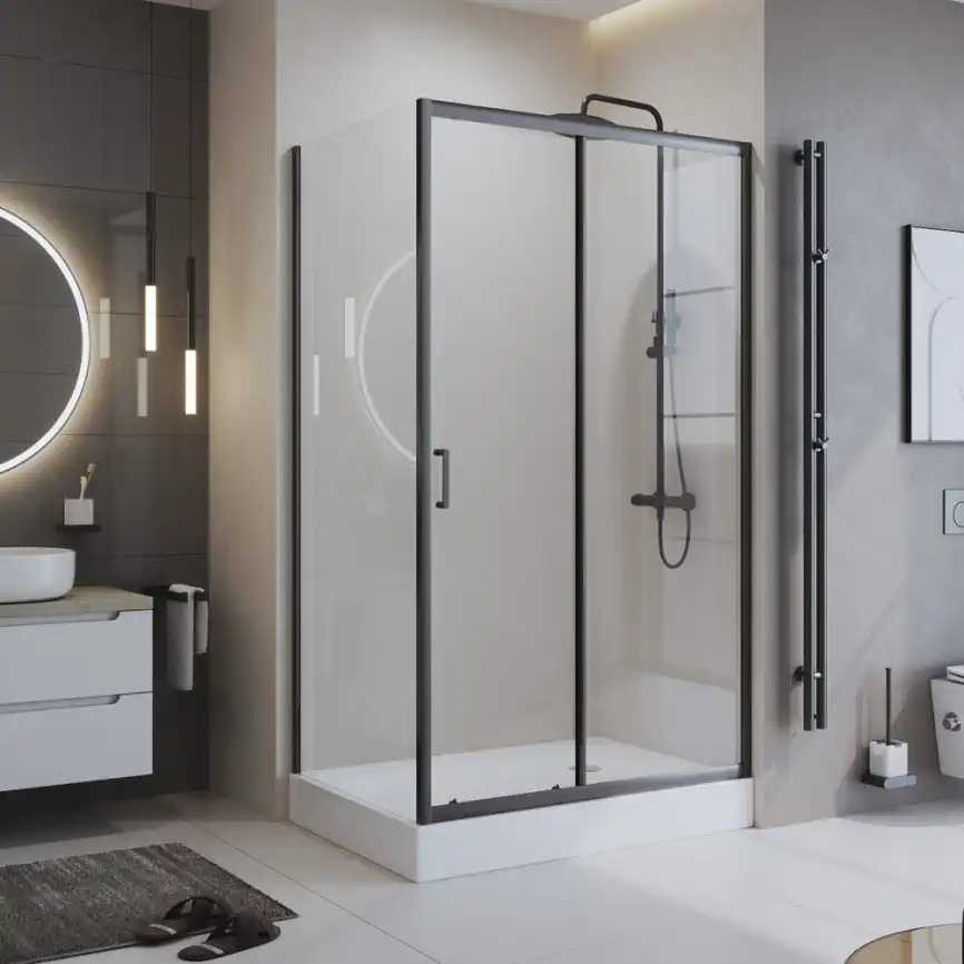 Душевой уголок BelBagno UNO-195-AH-1-120/80-C-NERO стекло прозрачное, профиль Черный матовый фото 1