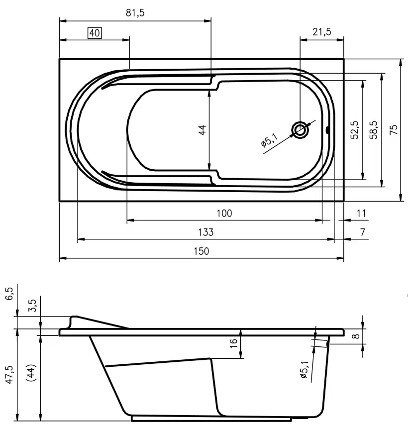 Акриловая ванна Riho COLUMBIA 150х75 прямоугольная B002001005 фото 5