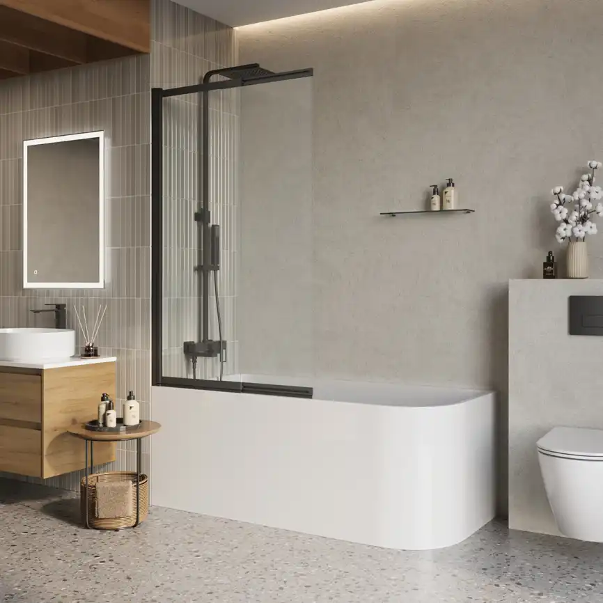 Душевая шторка на ванну BelBagno LUCE-VF-11-90/145-C-NERO стекло прозрачное, профиль Черный матовый фото 1