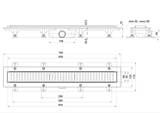 Душевой лоток Good Door 650  с решеткой под плитку, сухой затвор) ТЛ00022, Серый / серебристый фото 3
