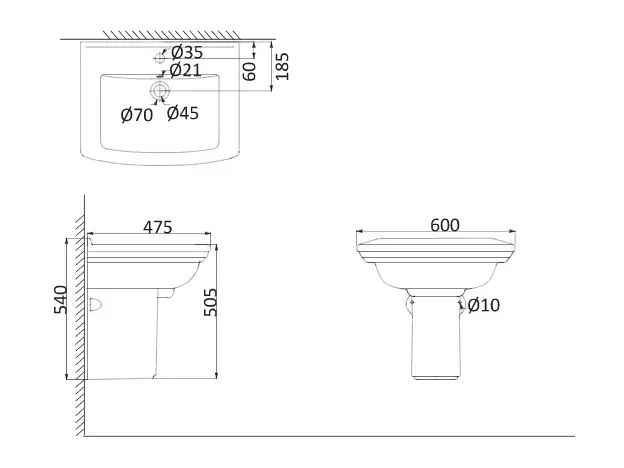 Раковина на одной ножке Creo Ceramique ORLEANS 600х475х870, белая (OR3000+OR3010) фото 2