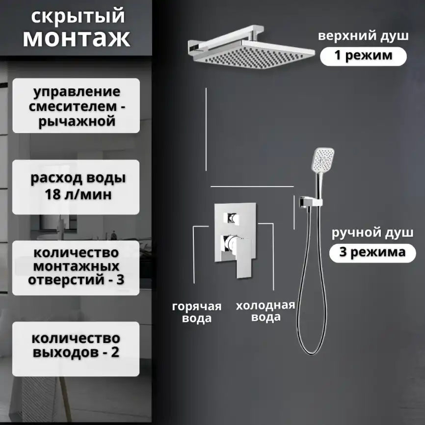 Встраиваемая душевая система AVS CUBE 811-221-CR, хром фото 13