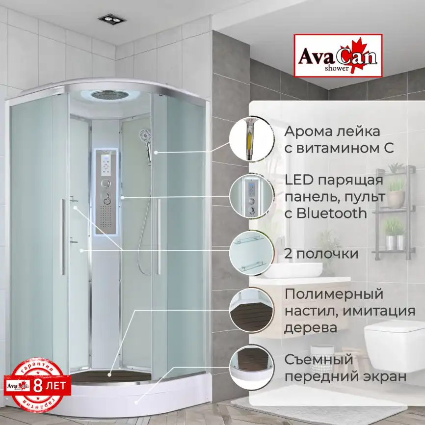 Душевая кабина AvaCan EM2090LED 90x90 см, низкий поддон, с крышей фото 2
