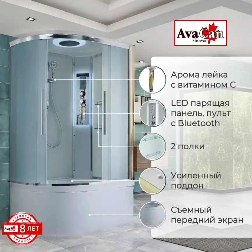 Душевая кабина AvaCan EM5811RLED 110x80 см, высокий поддон, с крышей, правая фото 2