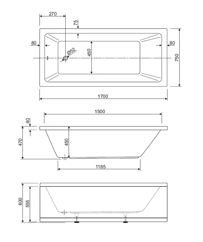 Акриловая ванна CEZARES PLANE SOLO-170-75-45-W37 фото 3