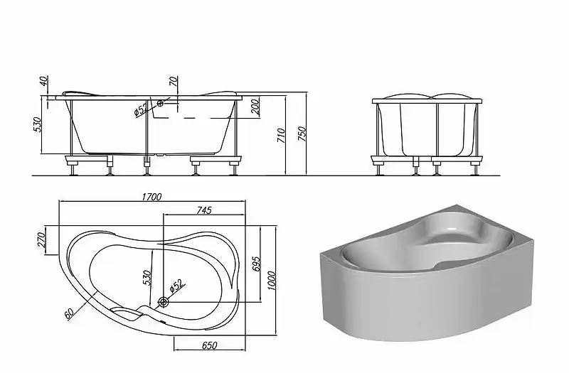 Акриловая ванна Kolpa-San QUAT LULU 170x100-R (1W28F) 597400 фото 3