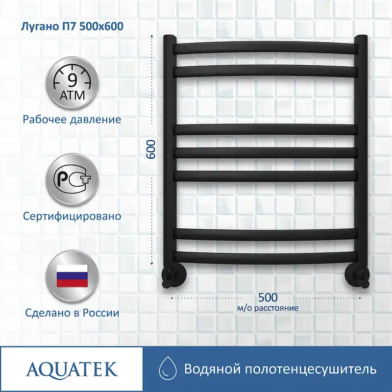 Полотенцесушитель водяной Aquatek Лугано 50х60 AQ DOC0760BL П7 нижнее подключение 1/2 фото 2