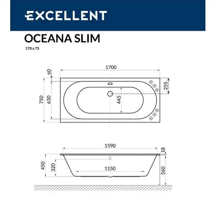 Акриловая ванна Excellent Oceana Slim 170х75 WAEX.OCE17WHS с тонким бортом, встраиваемая, Белая фото 9