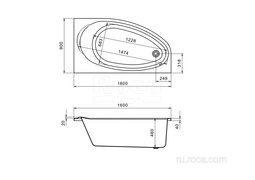 Акриловая ванна Roca Corfu 160х90 248574000 правая, Белая фото 5