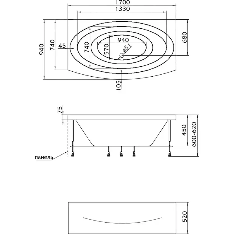 Акриловая ванна Marka One NEGA 170х95 01нег1795 прямоугольная, Белая фото 5