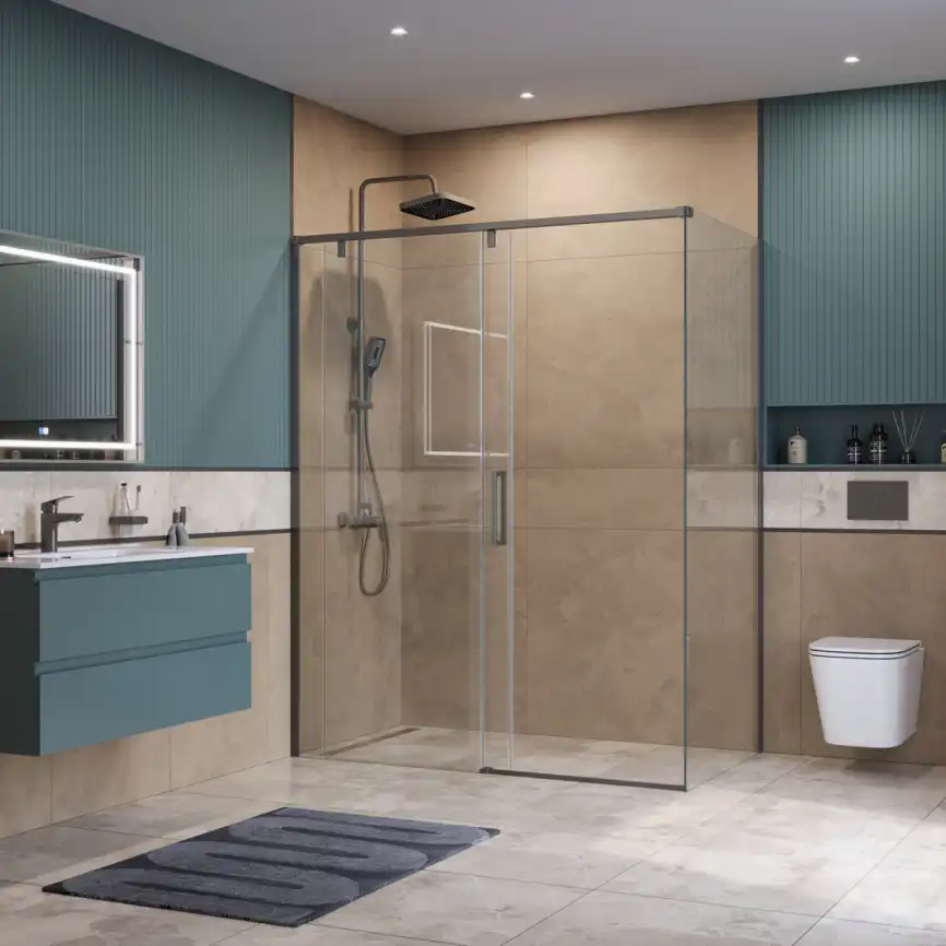 Душевой уголок BelBagno SOFT_CLOSE-1-AH-1-150/100-C-GM стекло прозрачное, профиль Оружейная сталь фото 8