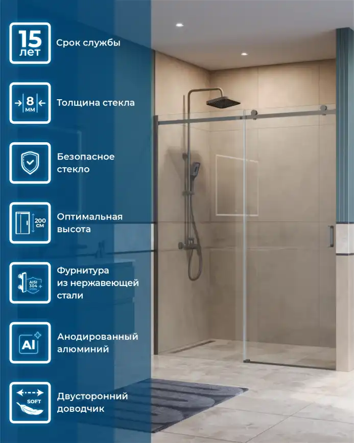 Душевая дверь BelBagno SOFT_CLOSE-2-BF-1-160-C-GM стекло прозрачное, профиль Оружейная сталь фото 10