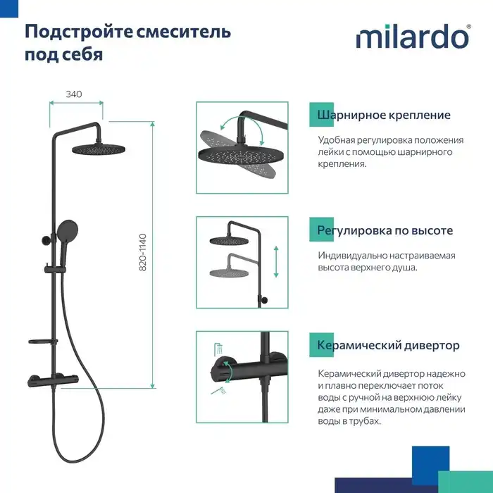Душевая система для душа Milardo Ideal Spa ILSBLTHM89 с термостатом цвет, Черный матовый фото 10
