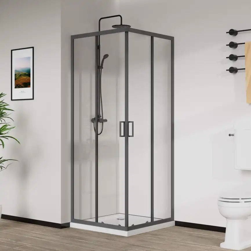 Душевой уголок Vincea City 90х90 VSS-5CT900CLGM, дверь раздвижная, профиль вороненая сталь, стекло прозрачное фото 1