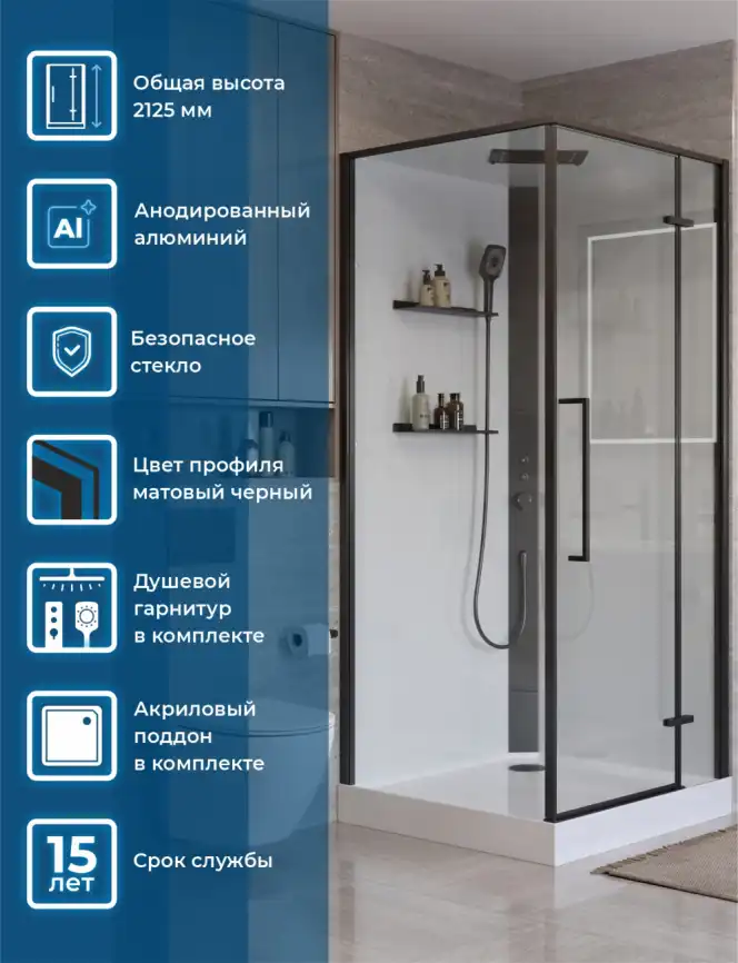 Душевая кабина BelBagno UNO-CAB-A-1-90-C-NERO-Bi-TOP-R, правая, профиль черный матовый фото 2
