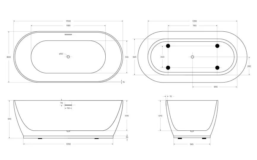 Акриловая ванна BELBAGNO 170х80 BB413-1700-800-MATT овальная, отдельностоящая, Белая матовая фото 6